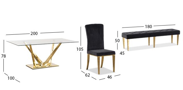Comedor Royal Gold LV con Sillas y Banca Negros