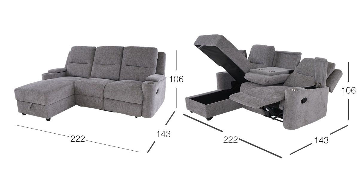 Sala En L Izquierda Con Baúl Y Reclinable Sereno Gris