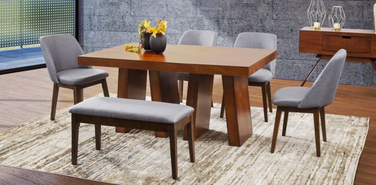 Comedor Odette con Sillas y Banca Olaf Gris PL 6 Piezas